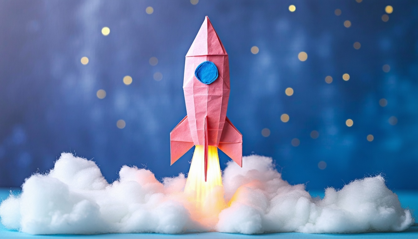 a rocket that is lifiting up in pink and blue colors